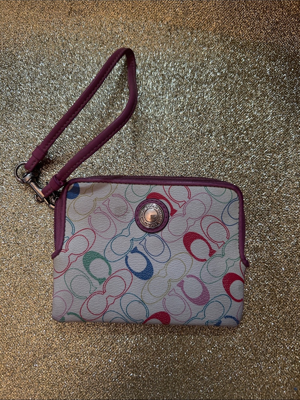 Coach Multicolor Signature Wristlet with Pink Trim